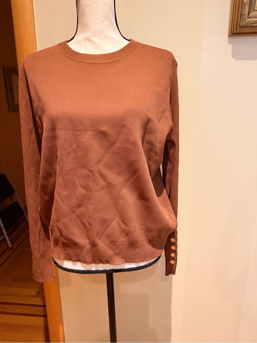 Aleeza Paris Women's Brown Crewneck Sweater with Button Cuff Detail Sz L